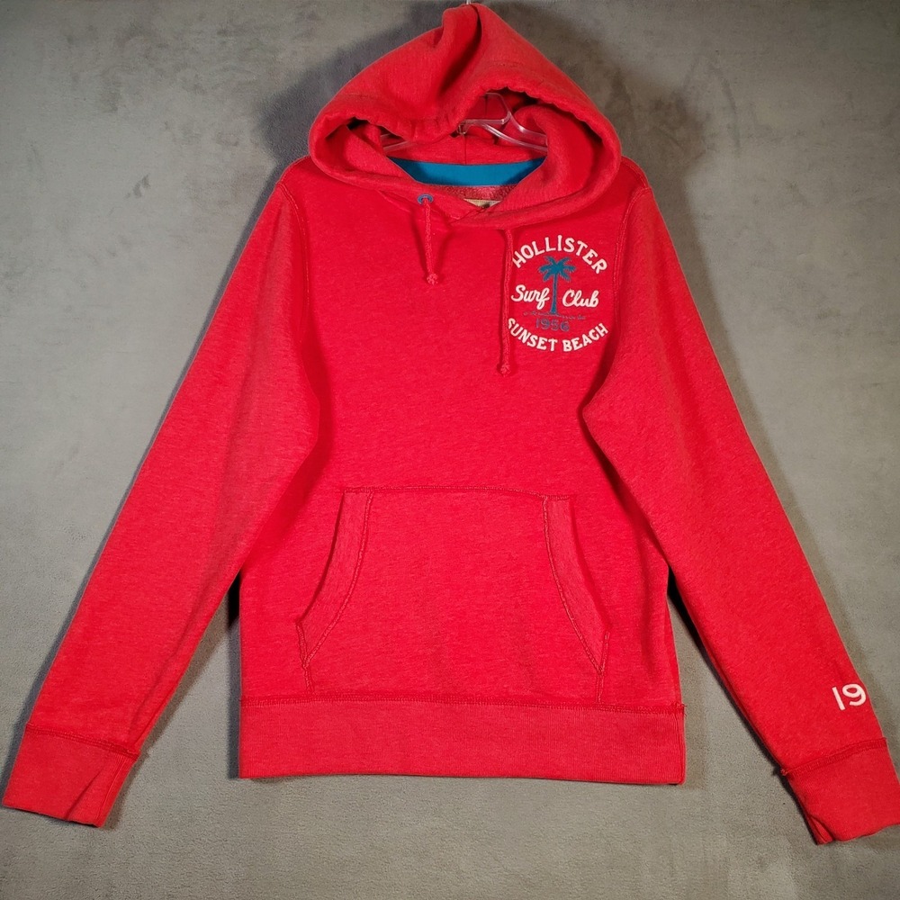 Y2K Hollister Hoodie Mens XL Red Embroidered Logo Pullover Fleece Lined Surf